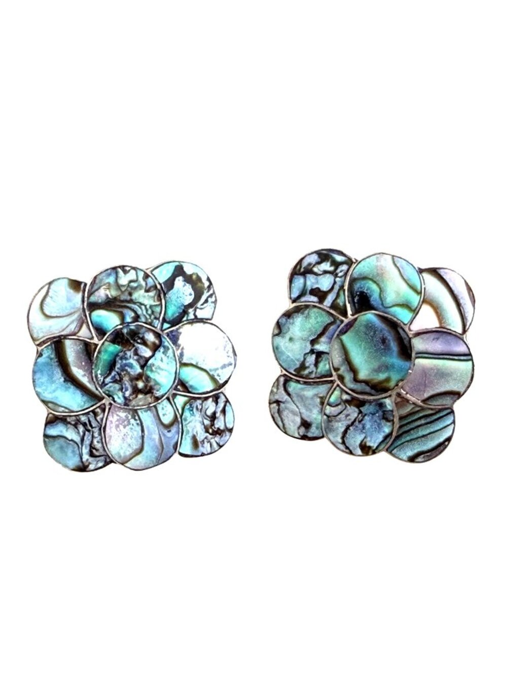 Vintage MEXICO Sterling Silver Abalone Shell Inlay Flower Screw Back Earrings